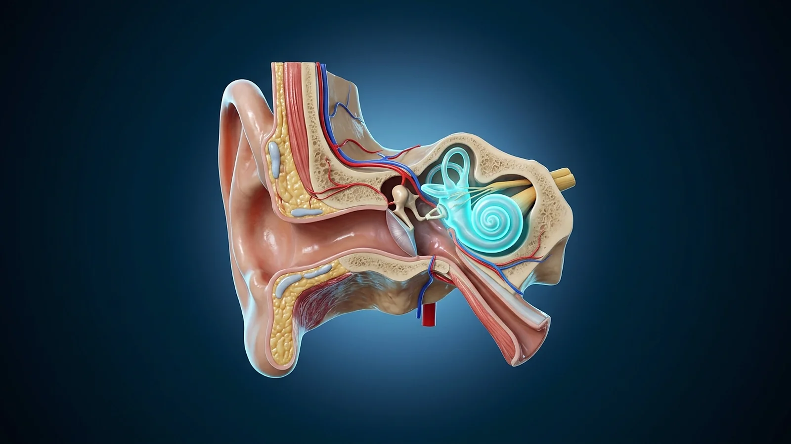 3D-Darstellung des Ohres mit Gehörgang, Mittelohr und Cochlea